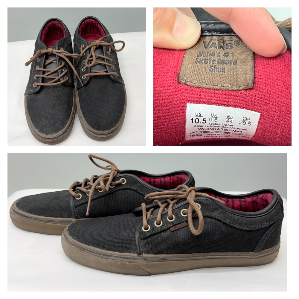 Vans Chukka Low Mens 10.5 Black Canvas Skate Shoes Buffalo Plaid Lining & Brown